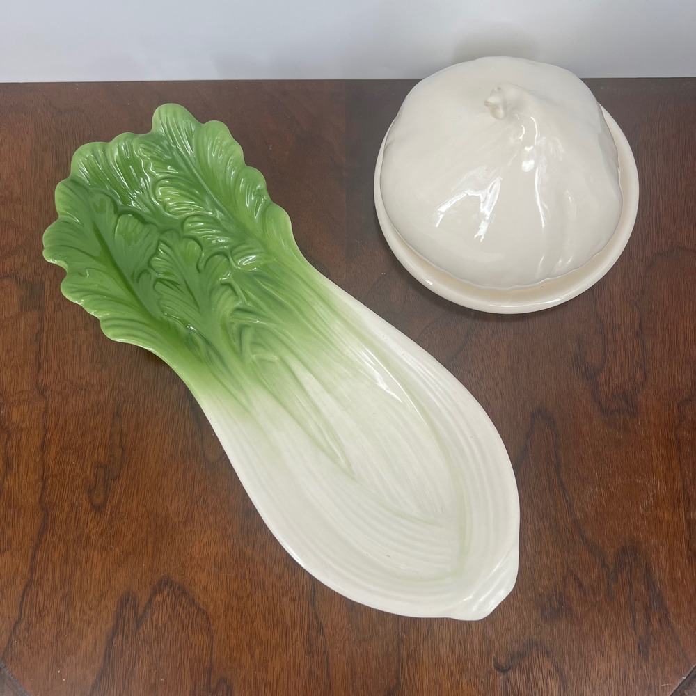 Vintage Ceramic Bok Choy and Garlic Keeper Storage Set Green White Kitchen Decor